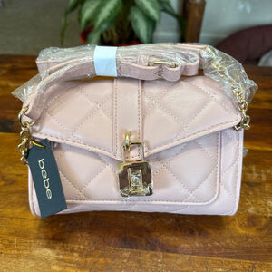 bebe Blush Pink Kellen Quilted Crossbody Bag with Gold Turn Lock Closure